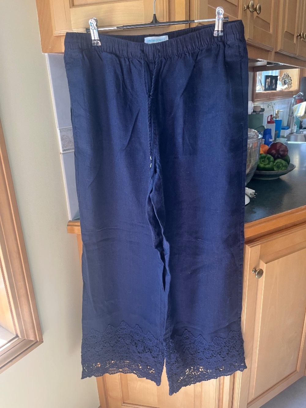 Cynthia Rowley Blue Lace-trim Linen Pants, L